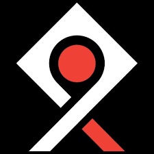 Geometric abstract design with a white diamond shape enclosing a red circle connected to a red diagonal line on a black background.