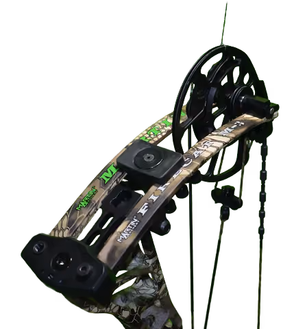Close-up of the riser and cam on the Martin FireCat M3 compound bow
