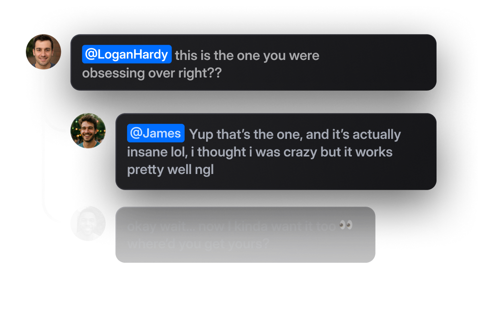 Image showing conversation within a comment section, with users tagging each other discussing an ad post