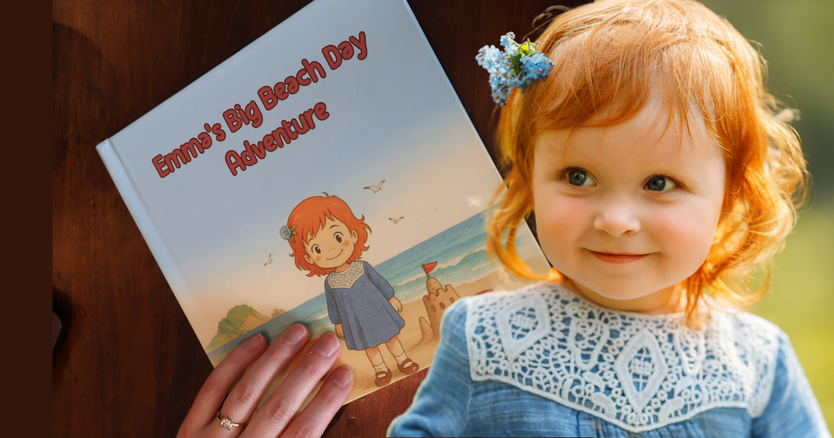 Child reading a personalized hardcover storybook featuring their own photo and name