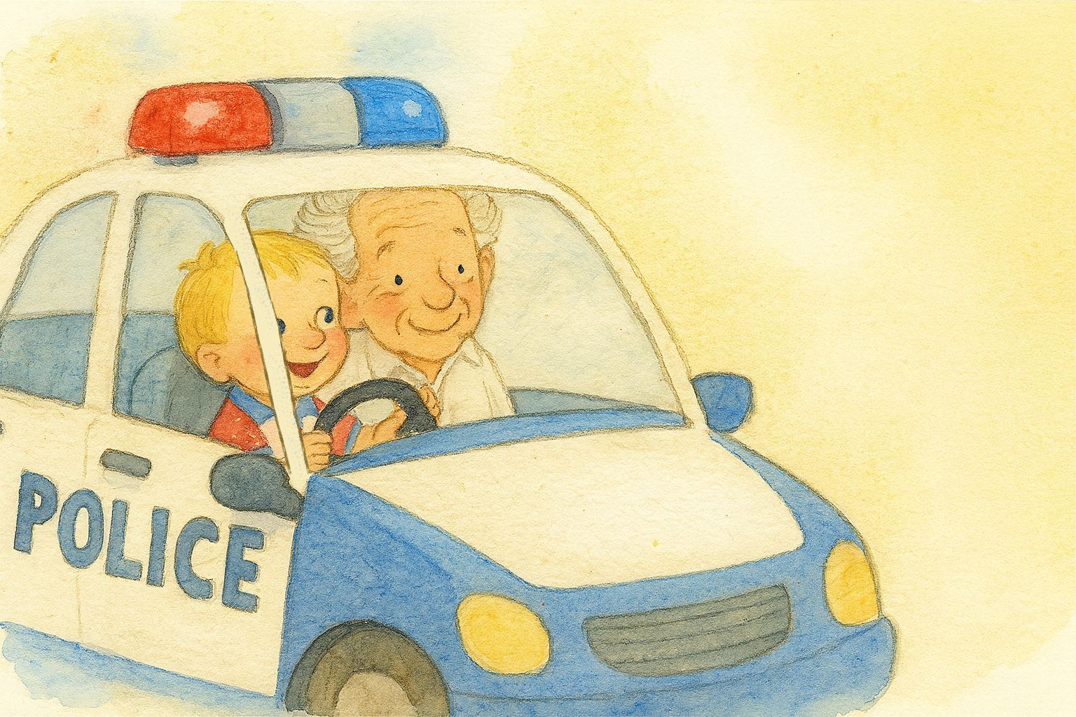 Illustrated toddler boy and his grandfather in a police car in a screenshot from a Your Tiny Tale book.