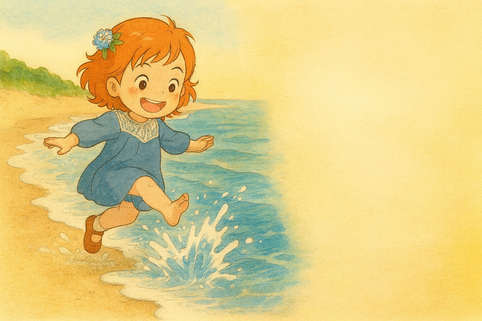 Watercolor illustration of a toddler splashing in the ocean by Your Tiny Tale personalized storybooks