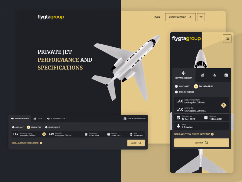 Responsive UI design for a private jet booking app, displaying aircraft performance and specifications on desktop and mobile screens with a sleek black and gold theme