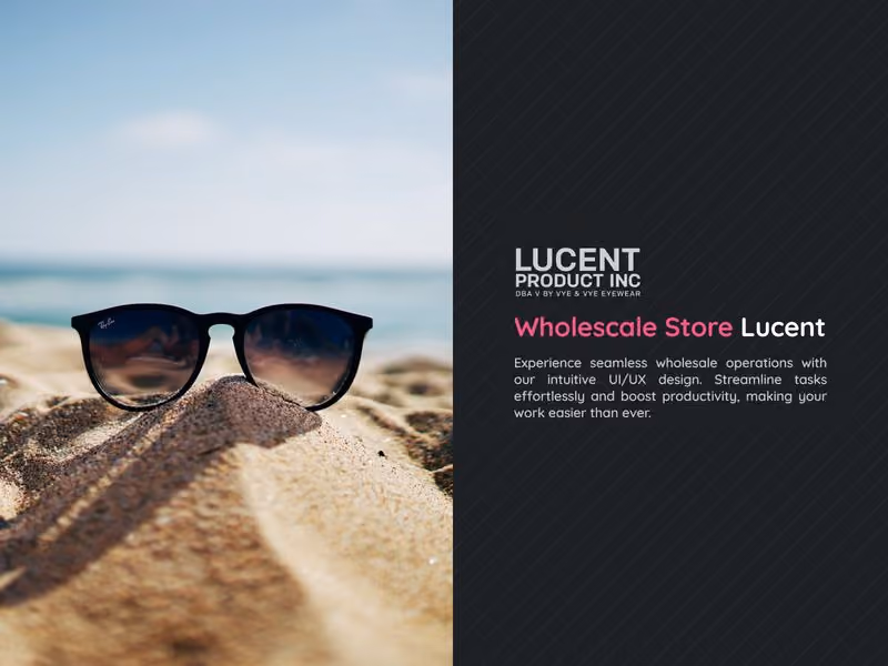 Lucent Wholesale Store beach-themed sunglasses advertisement with clean layout, modern typography, and lifestyle-focused branding