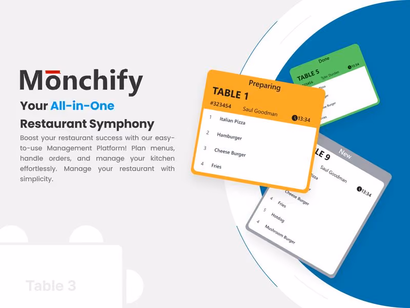 UI design mockup for Monchify, an all-in-one restaurant management platform showcasing table status and order tracking cards in a modern, colorful interface.