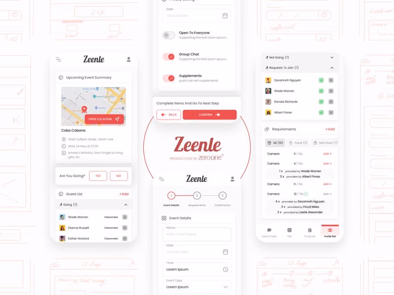 Zeenle delivery app user interface design, showcasing mobile-friendly features like order status, delivery route map, and task management.