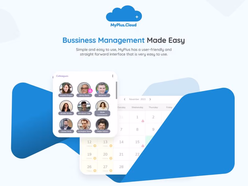 MyPlus Cloud business management software UI design, highlighting user collaboration and scheduling tools in a modern cloud-based dashboard.