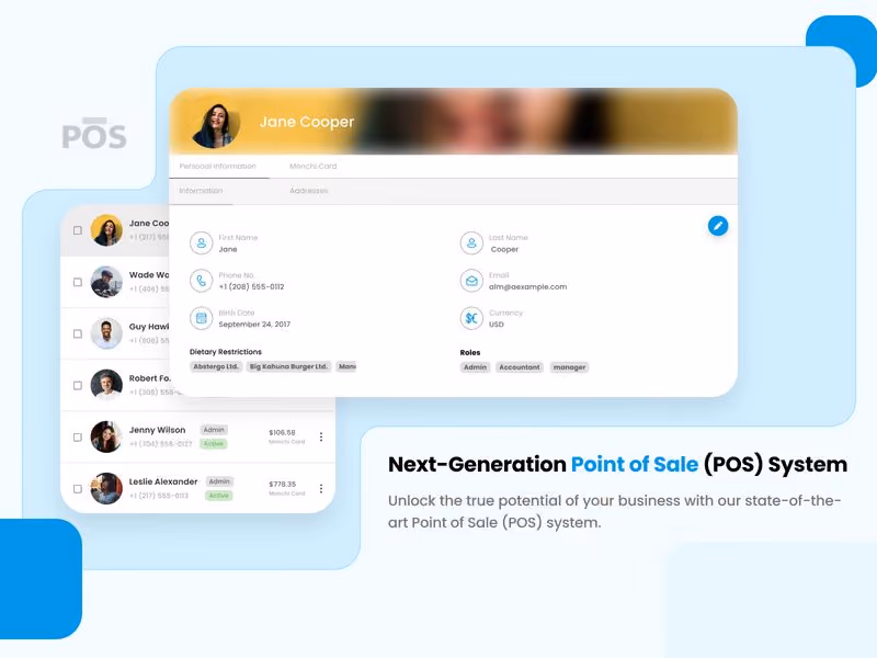 Modern POS system UI mockup highlighting customer management and transaction features in a sleek, user-friendly point of sale dashboard.