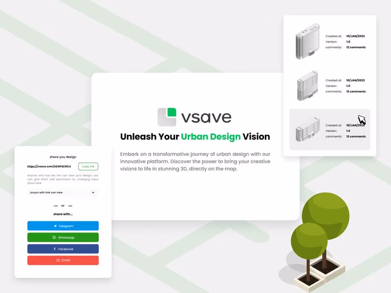 UI concept for Vsave, an urban design platform showcasing data visualization, interactive building options, and login interface over a stylized map background
