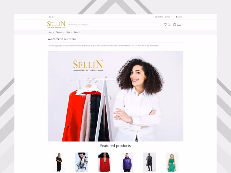 Sellin fashion e-commerce UI showcasing stylish clothing categories, hero image with model, and a clean product gallery layout