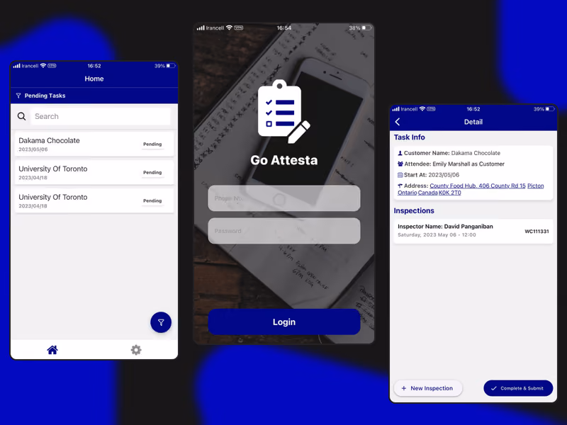 Go Atesta mobile app interface showing login screen and task management features – secure and intuitive user experience by ZeroOneTech