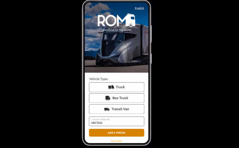 ROM app UI for vehicle category selection and license plate input – transport tracking solution