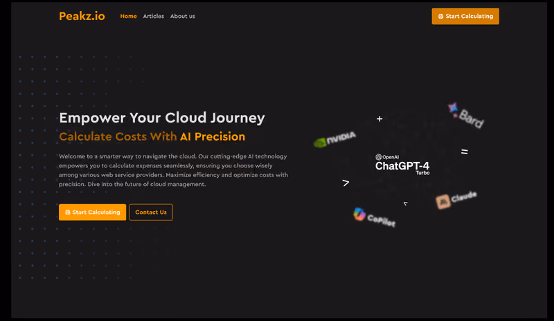 Peakz cloud platform interface showcasing AI-driven cost calculation for major cloud providers