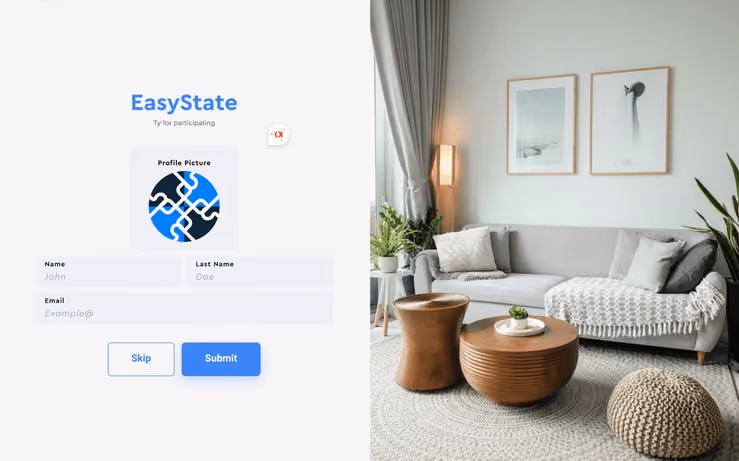 EasyState real estate platform login screen with example interior for property search and management
