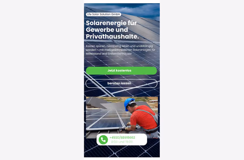 Mobile interface of a solar energy service app showing panel installation for businesses and homeowners.