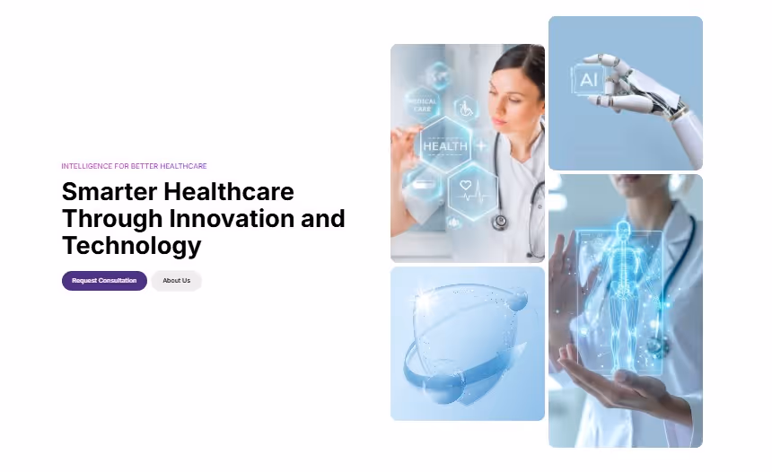 Healthcare innovation concept with a female doctor interacting with virtual medical icons, a robotic hand holding AI text, molecular structure, and holographic human skeleton projections.