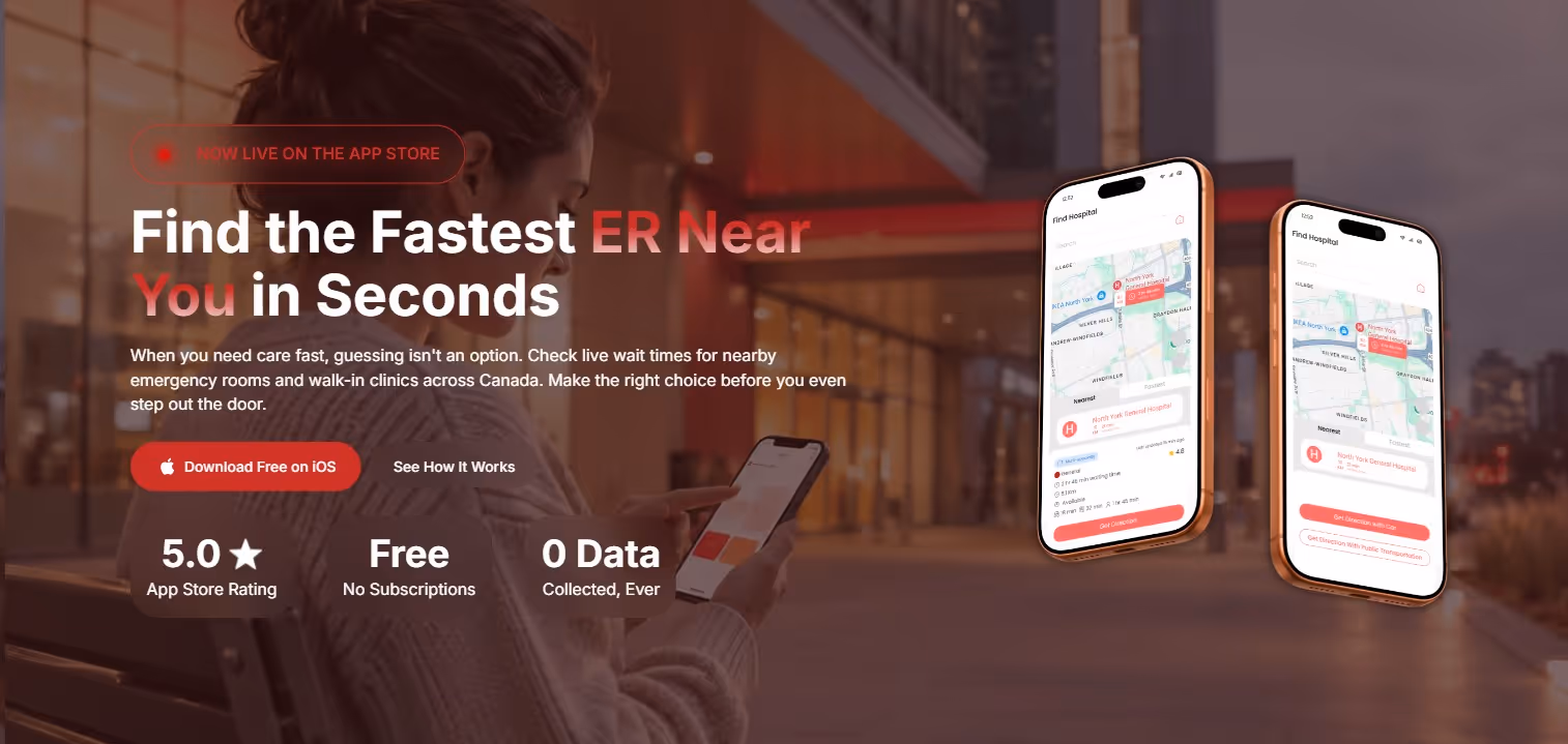 Woman using a smartphone app to find the fastest emergency room nearby, with app interface showing hospital locations on two phone screens.