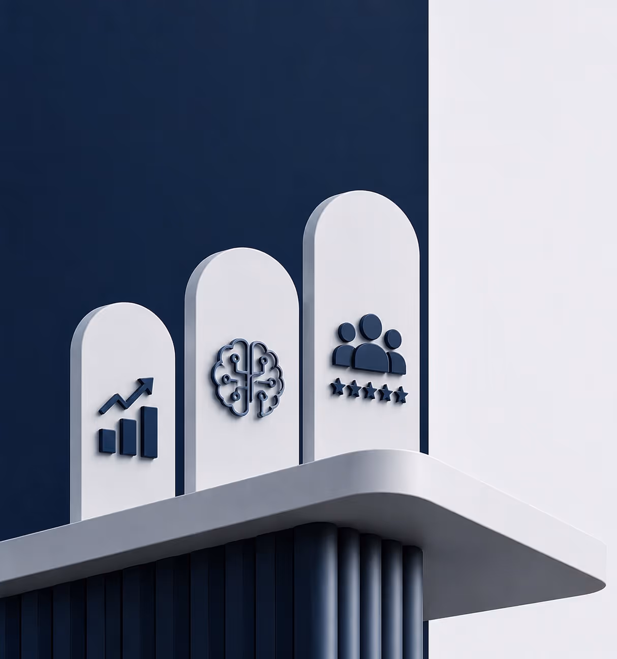 Three white rounded vertical bars with navy icons of a growth chart, a brain, and a group of people with five stars.