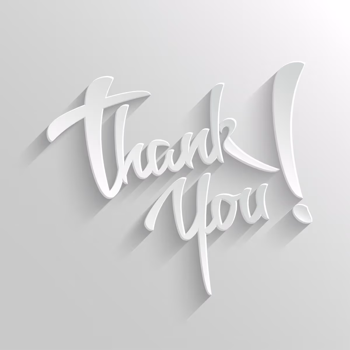 White script text saying Thank you with shadows on a light gray background.