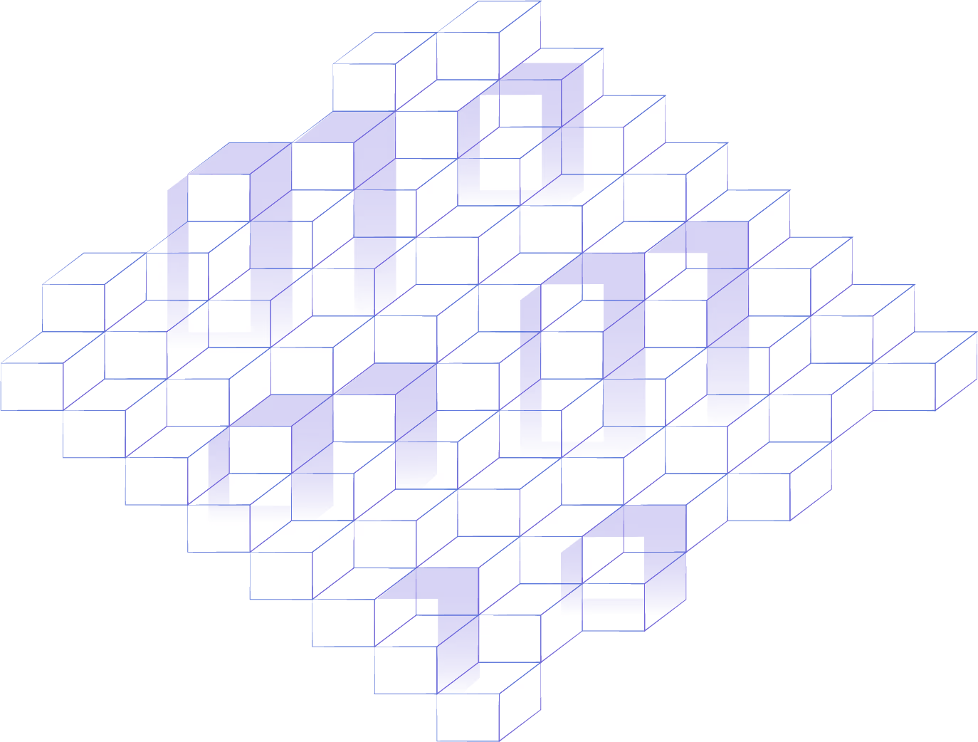 Abstract 3D grid of white cubes with some cubes shaded in purple forming a pattern.