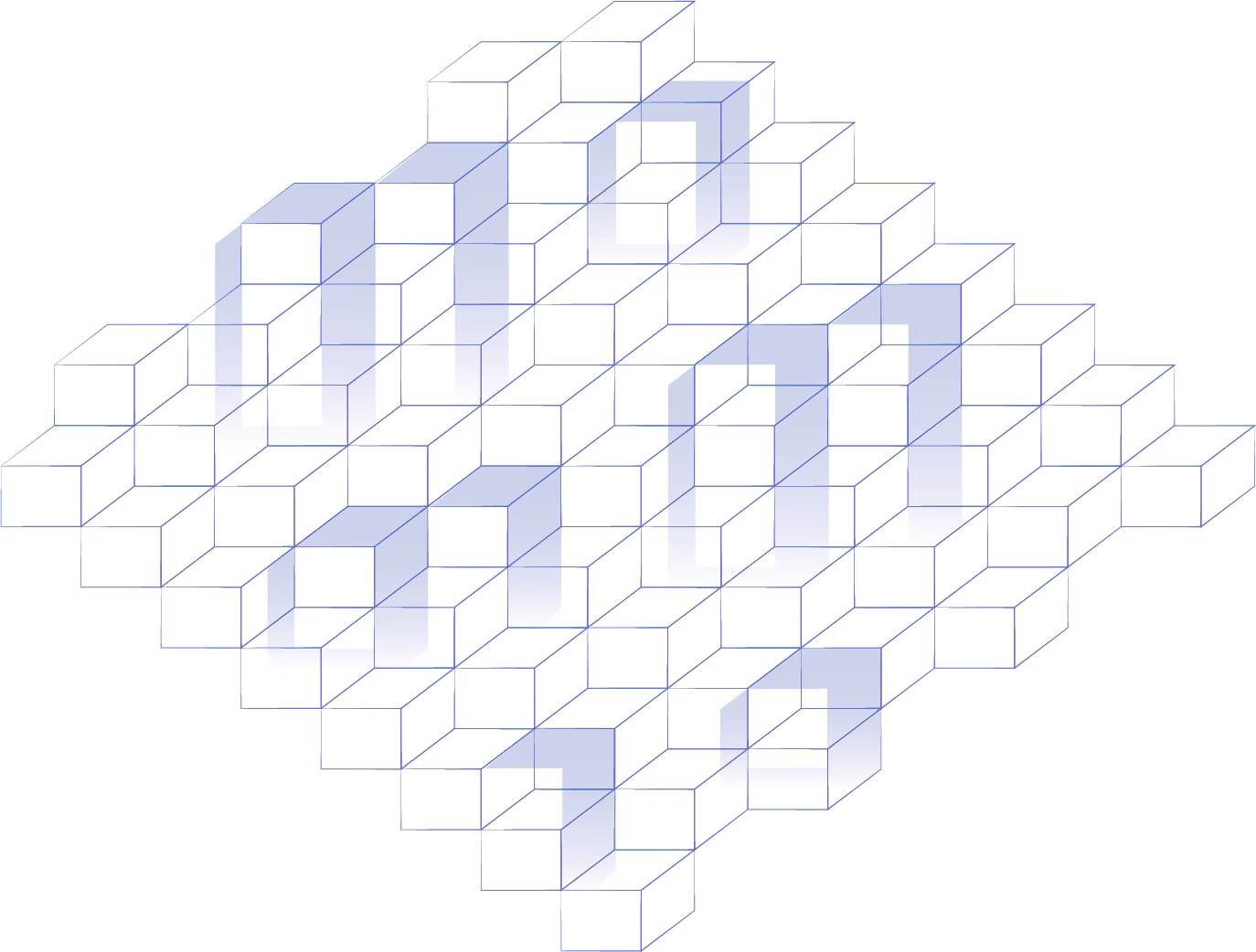 Abstract isometric grid of transparent white cubes with larger solid blue cubes forming a pattern.