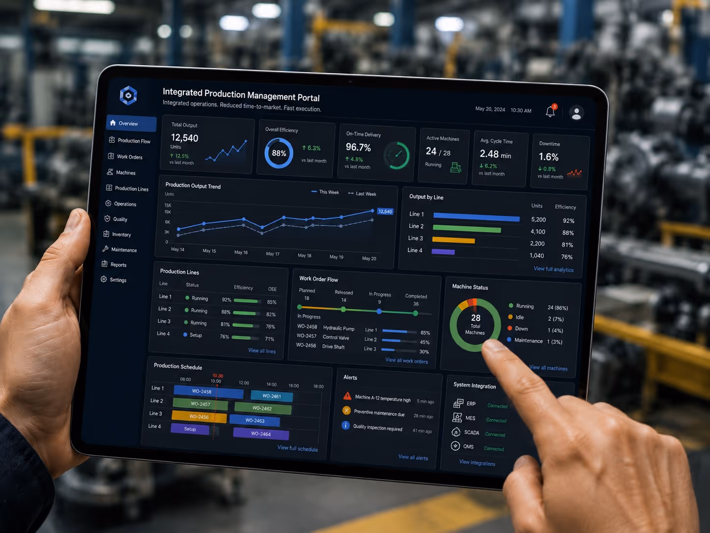 Hand holding tablet showing factory production dashboard with charts and machine status.