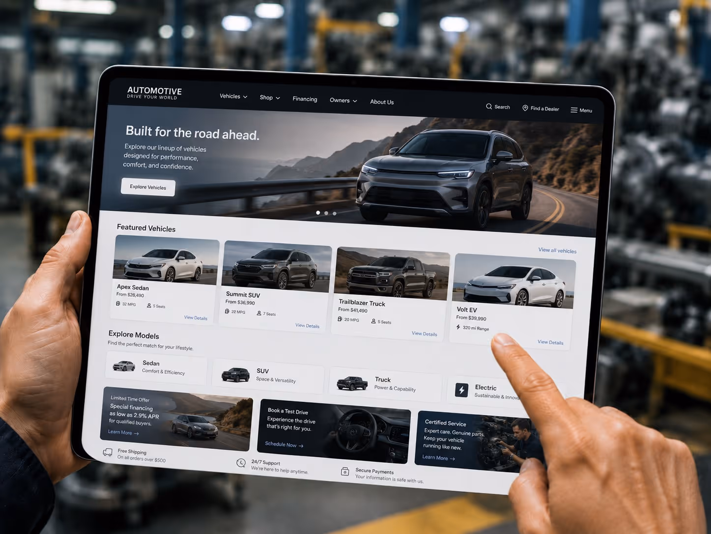 Person browsing an automotive website on a tablet, featuring cars like Apex Sedan, Summit SUV, and Volt EV.