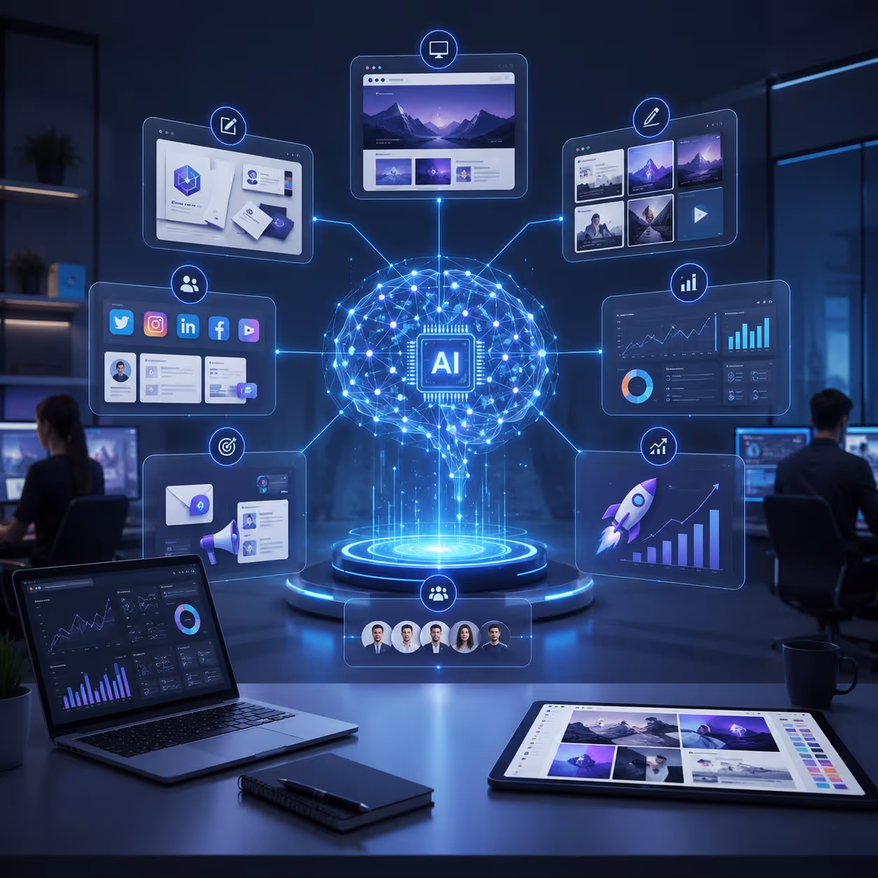Futuristic AI brain hologram connected to digital work tools in a dark tech office with screens and devices.