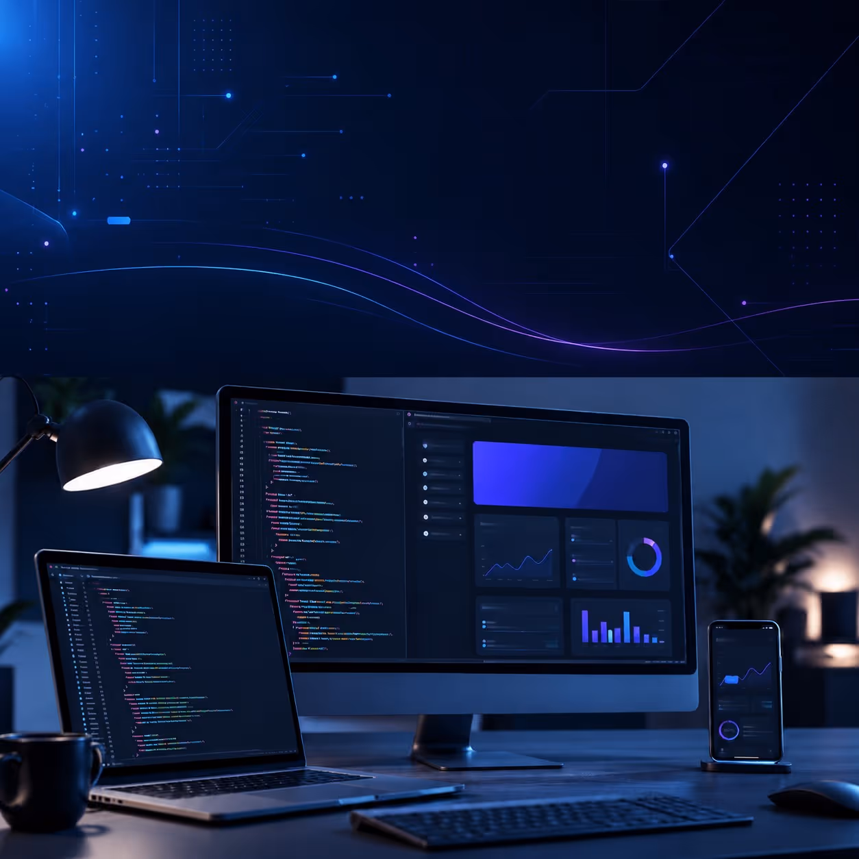 Dark tech workspace with laptop, desktop monitor showing code and graphs, and smartphone with data charts.