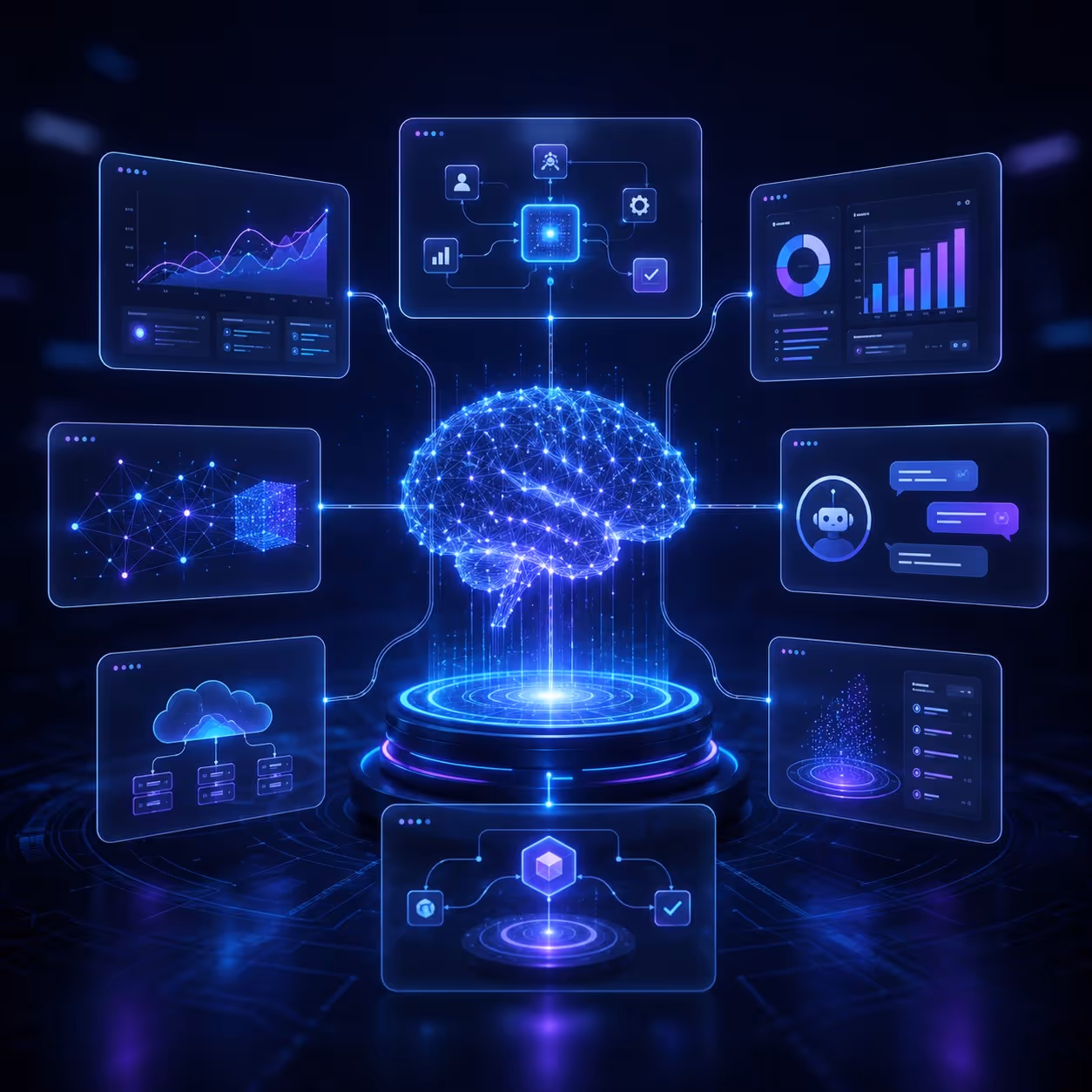 Glowing digital brain connected to multiple futuristic AI data and analytics panels in a dark interface.