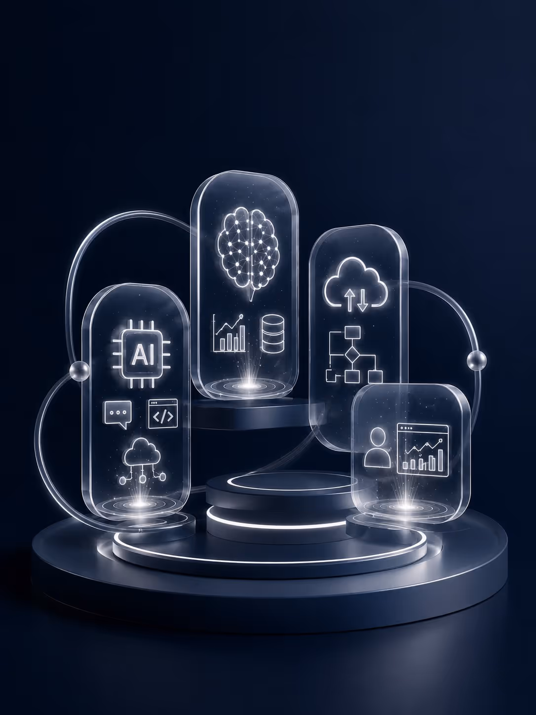 Futuristic holographic dashboard with AI chip, brain network, cloud sync, and data analytics icons.