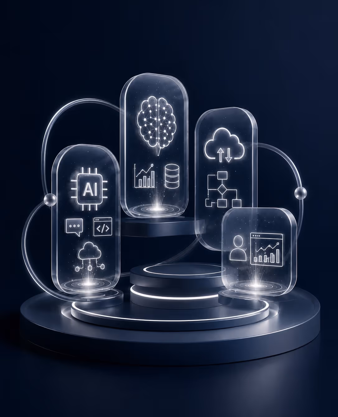 Futuristic holographic display with AI, brain network, cloud upload, and user analytics icons floating on platform.