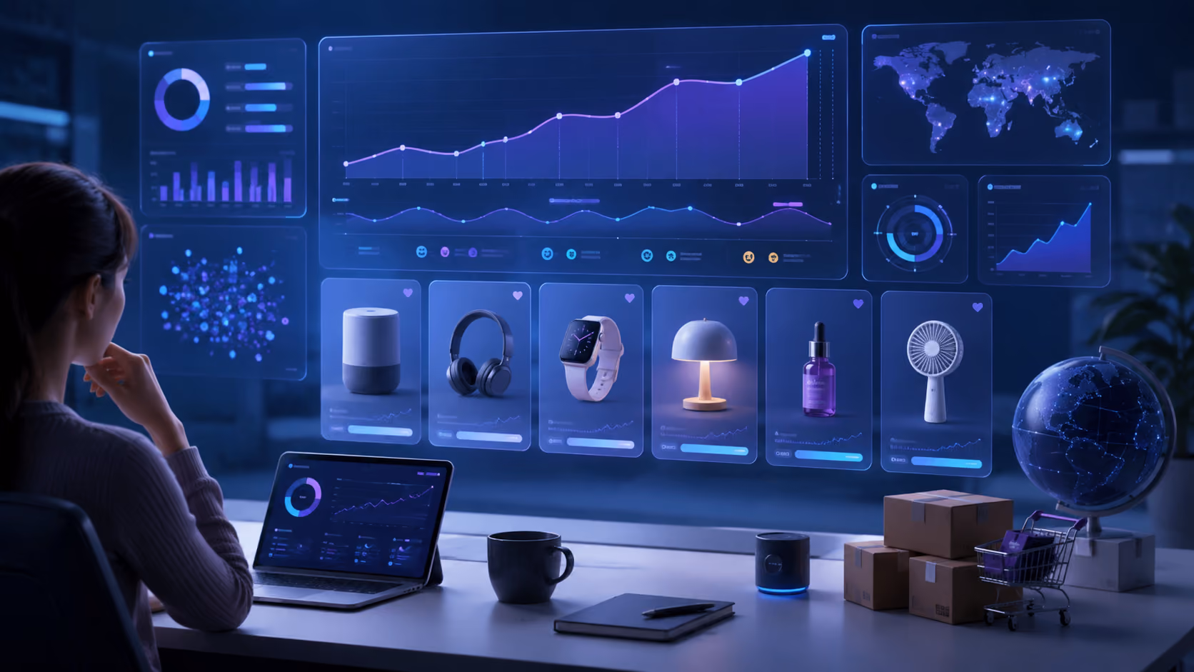 Person analyzing product sales and market data on a futuristic digital dashboard with charts and product images.