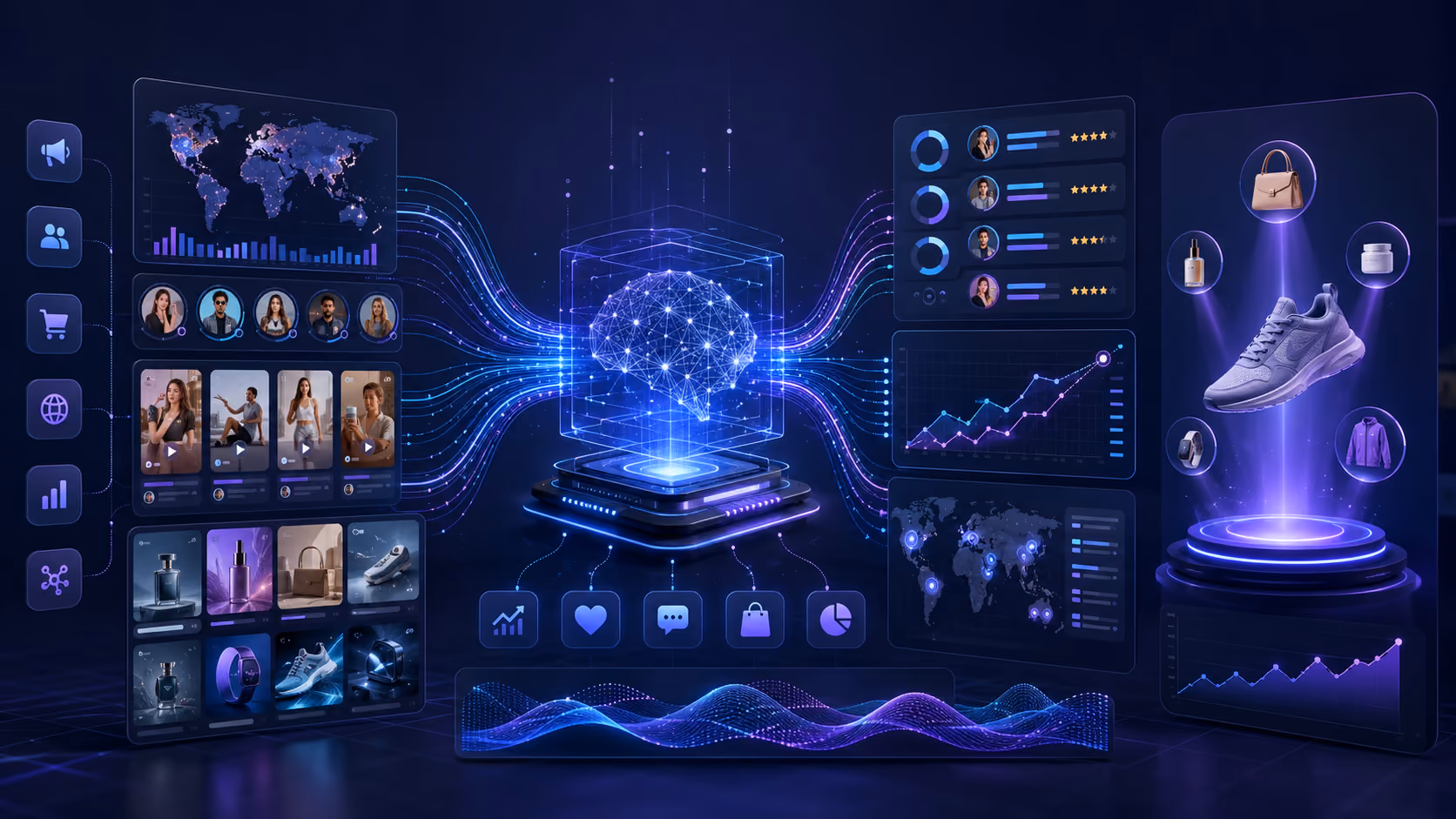Digital brain surrounded by data charts, social profiles, product images, and market trend graphs in blue neon.