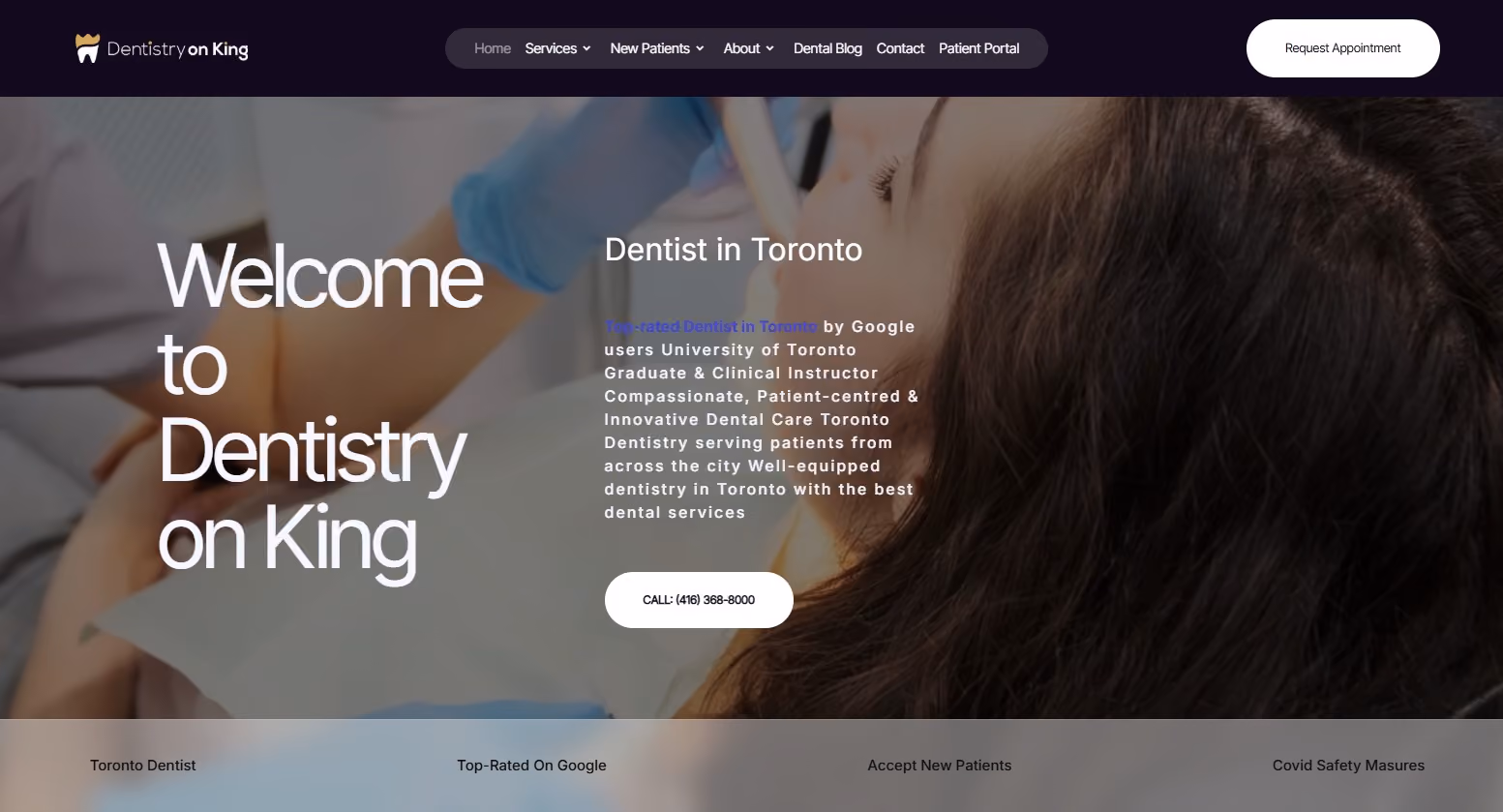 Dental patient with closed eyes receiving treatment from a gloved dentist at Dentistry on King.