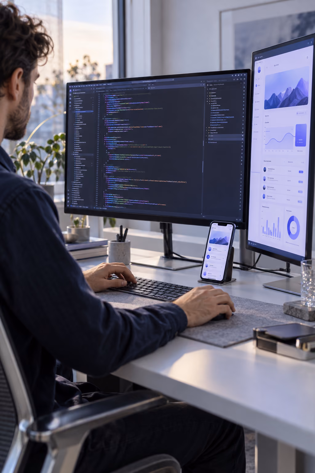 Person sitting at a desk working on a computer with two large monitors; one screen displays programming code and the other displays data visualizations and charts. A smartphone with similar charts is placed between the monitors on the desk.