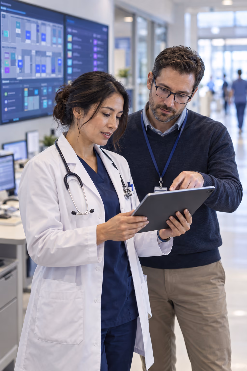 A female doctor in a white coat and stethoscope reviewing a tablet device with a male colleague wearing glasses and a lanyard in a hospital corridor with monitors and staff in the background.