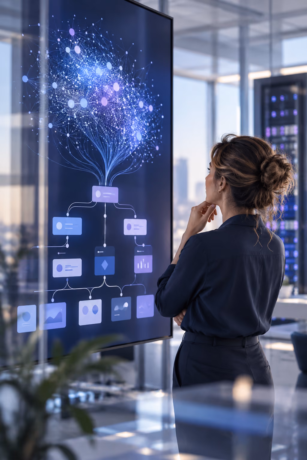 A woman with her hair in a bun stands thoughtfully in front of a large transparent digital screen displaying a complex network and flowchart of interconnected nodes and data visualizations in a modern office with floor-to-ceiling windows and a cityscape view.