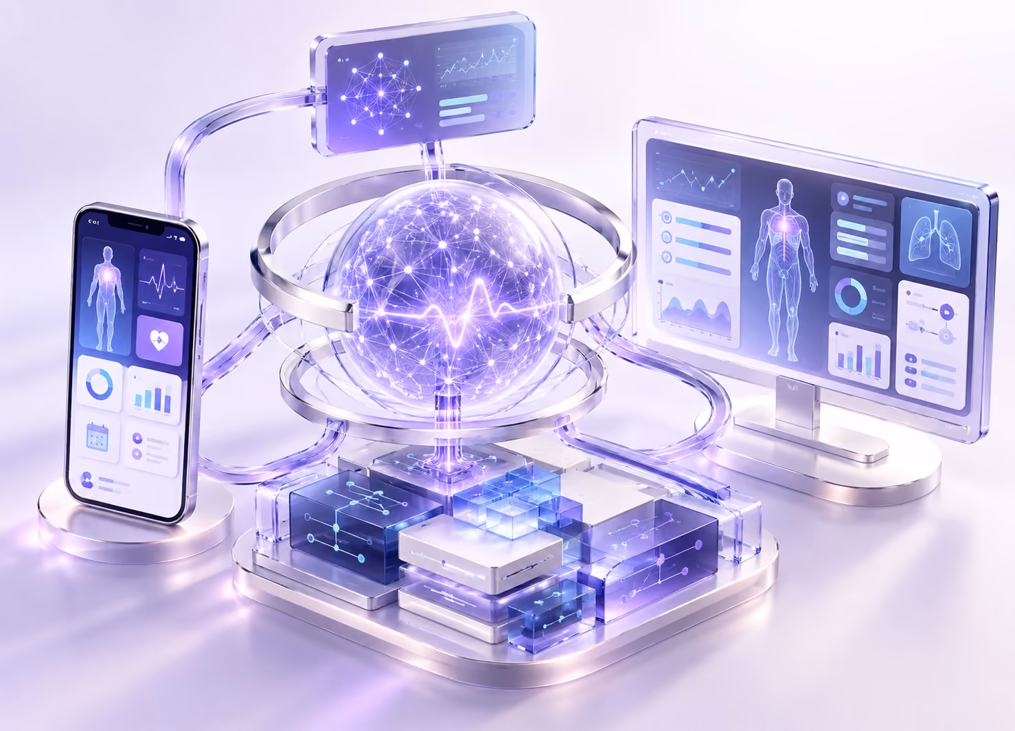 3D digital health ecosystem concept with a glowing spherical core connected by transparent tubes to a smartphone and a monitor displaying health data and human body metrics, surrounded by stacked translucent blocks representing data processing.