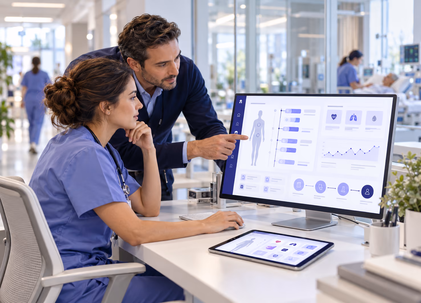 A male doctor points at a medical data display on a desktop computer screen while a female nurse in scrubs attentively looks on, seated at a desk in a modern hospital setting with medical staff and patients in the background.