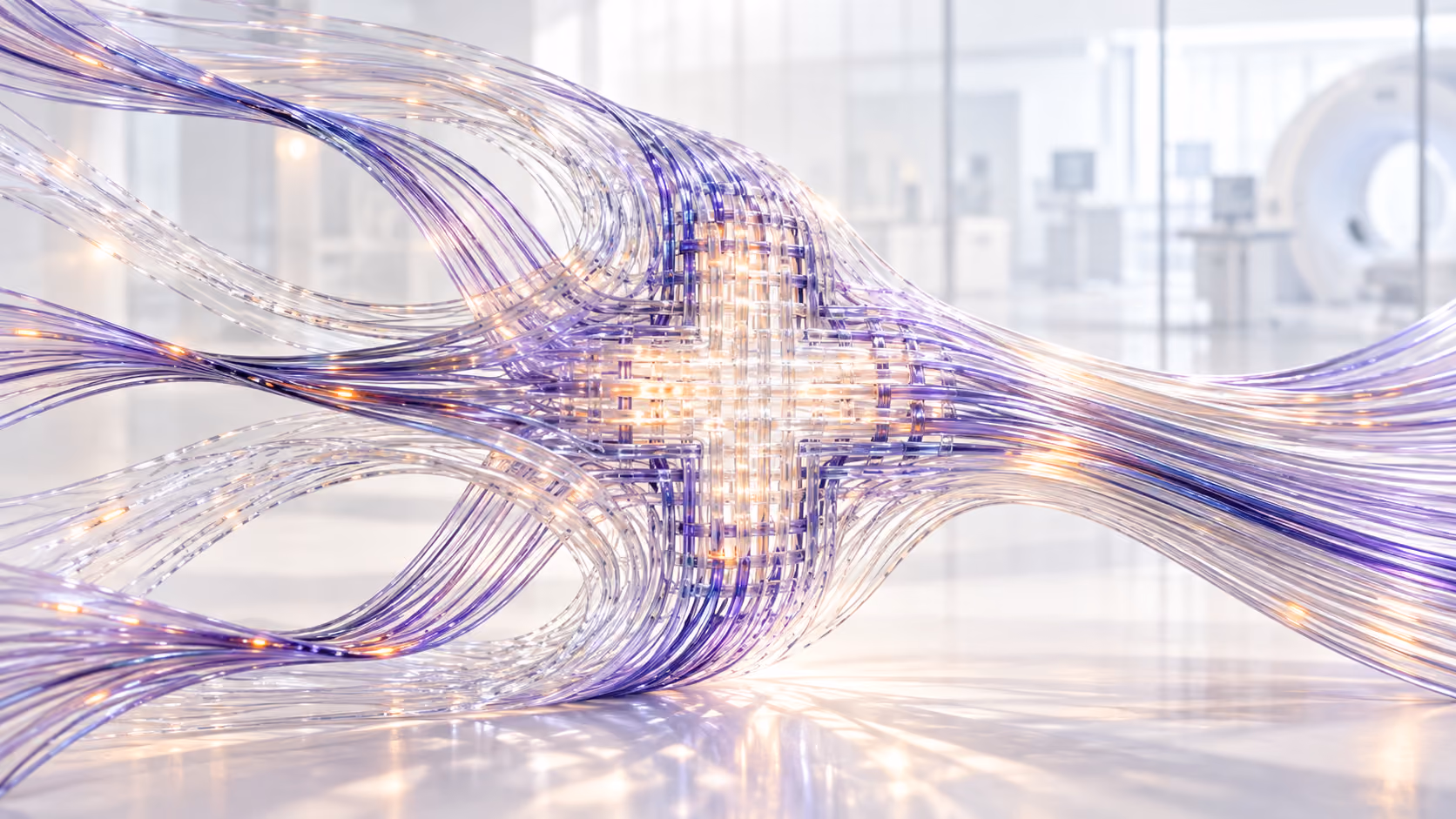 Translucent fiber optic strands intertwine to form an illuminated cross shape in a clinical, softly lit medical environment with scan machines in the background.