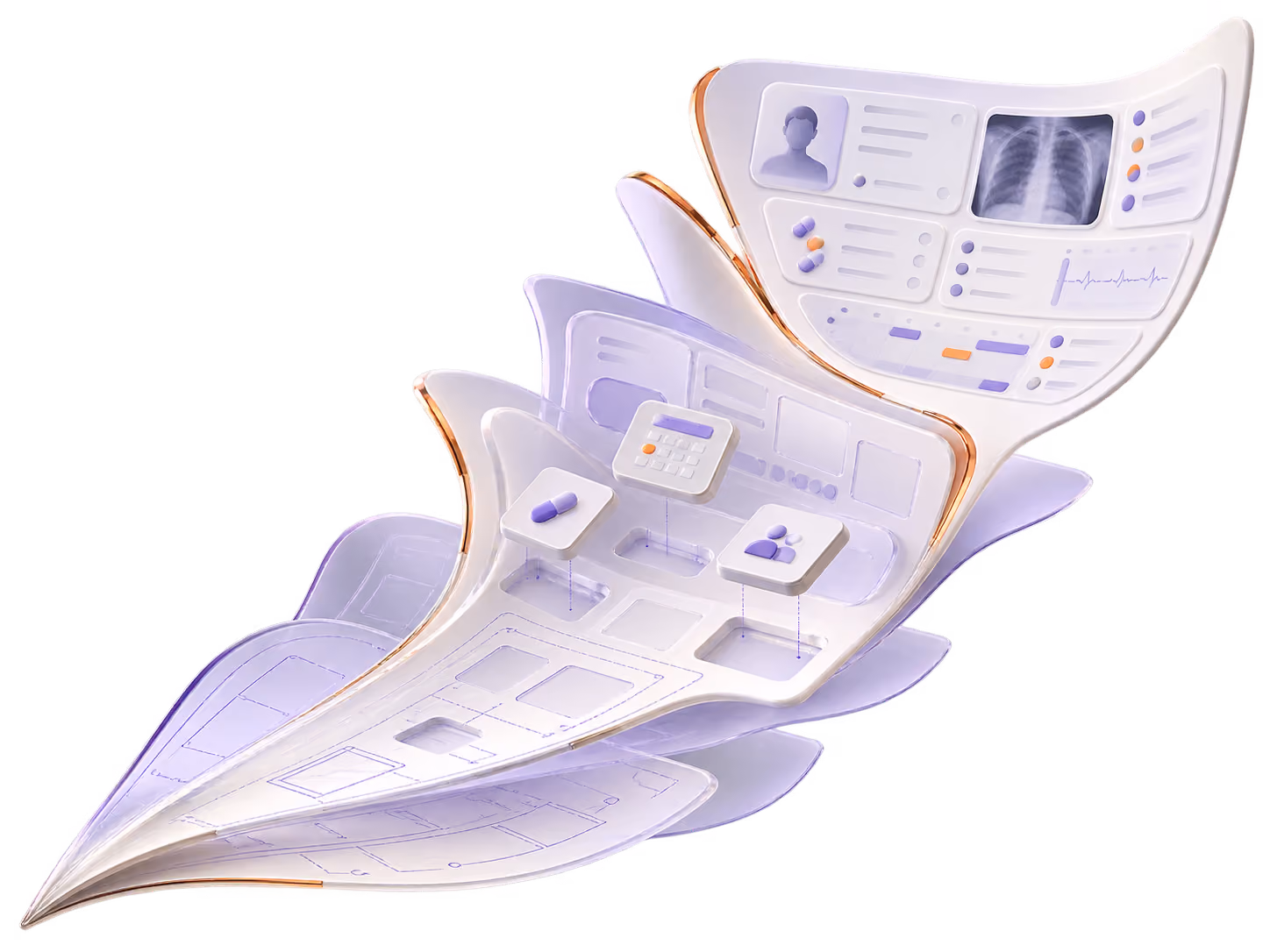 3D illustration of layered healthcare platform interfaces with icons of a patient profile, pills, calculator, and medical data including an X-ray and heart rate graph.