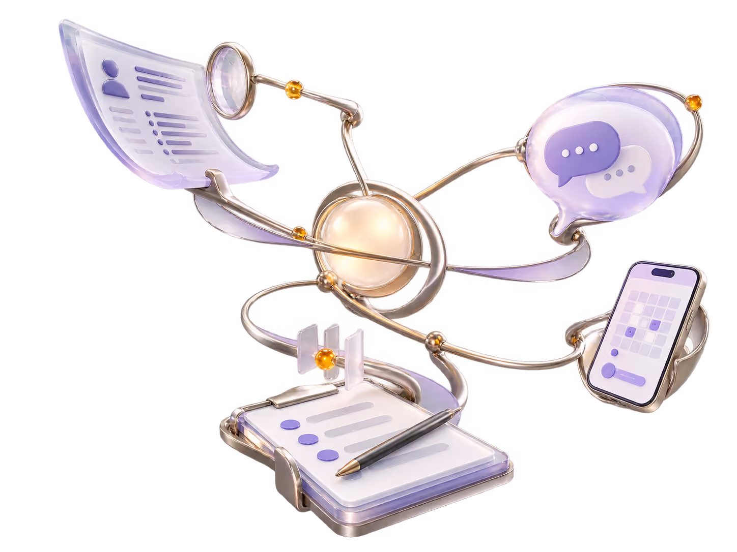 3D illustration of a glowing central sphere with metallic arms connecting icons representing a digital healthcare profile, chat messages, a calendar on a smartphone, and a clipboard with a pen.