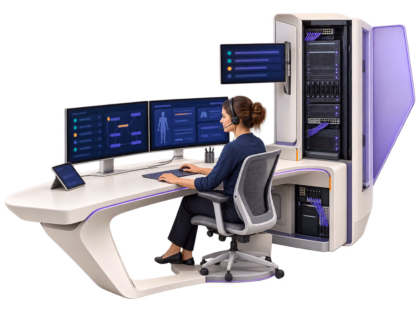 A woman wearing a headset sits at a modern curved desk with four computer monitors and tablets, showing medical and technical data, next to an open server rack with visible cables and equipment.