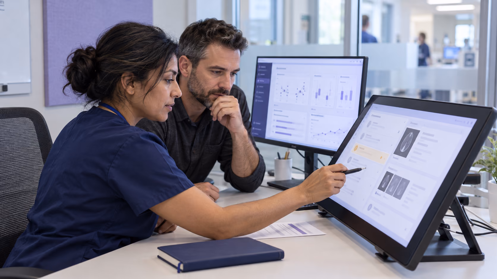 Two medical professionals, a woman in scrubs and a man, are seated at a desk examining medical images and charts displayed on two large monitors in a clinical office.