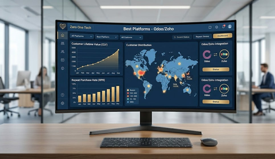 Computer monitor displaying a CRM dashboard with charts, world map data, and customer metrics in an office setting.