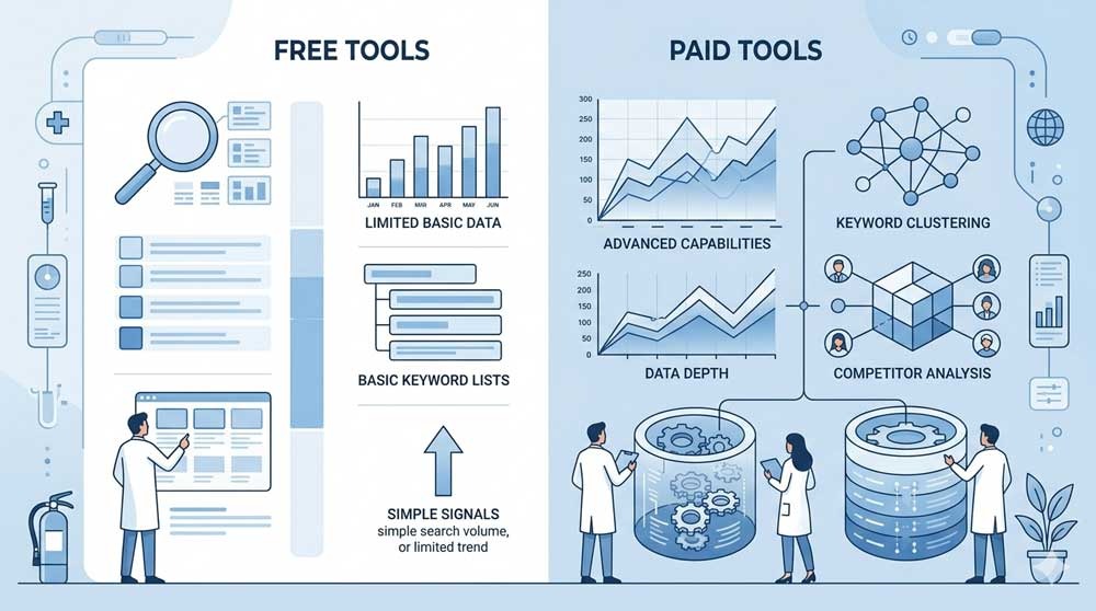 Infographic showing differences between free and paid keyword research tools