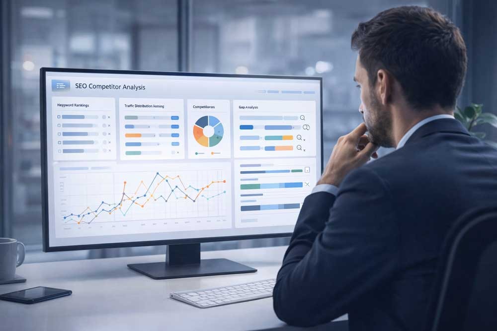 SEO competitor analysis dashboard showing keyword opportunities and gaps