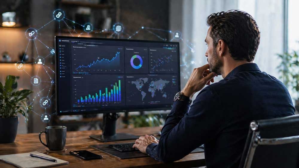 professional reviewing dashboard with increasing backlinks and strong authority signals