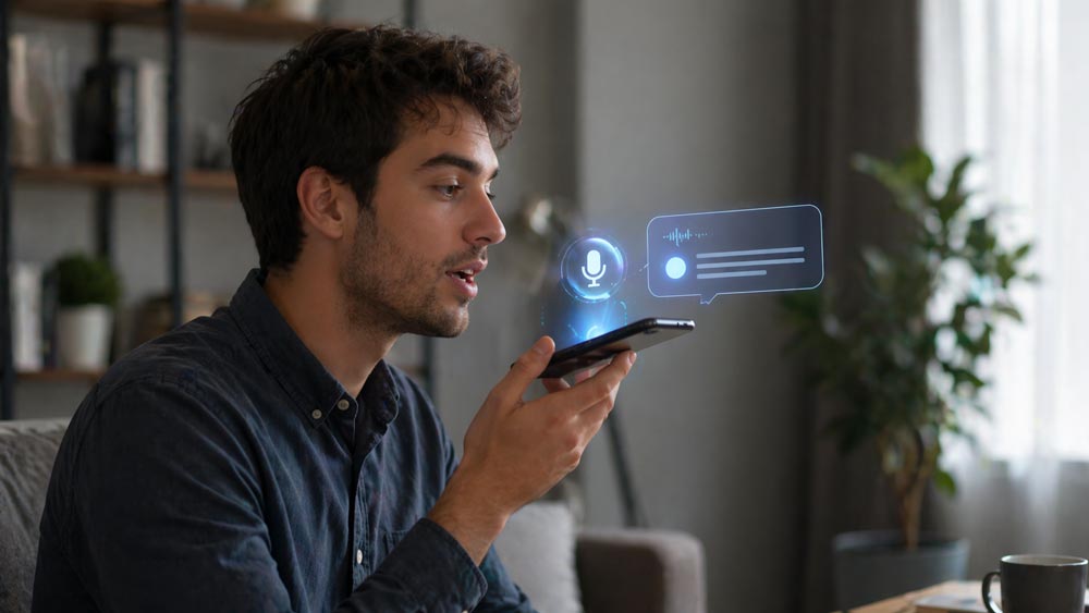 User interacting with a voice assistant on smartphone